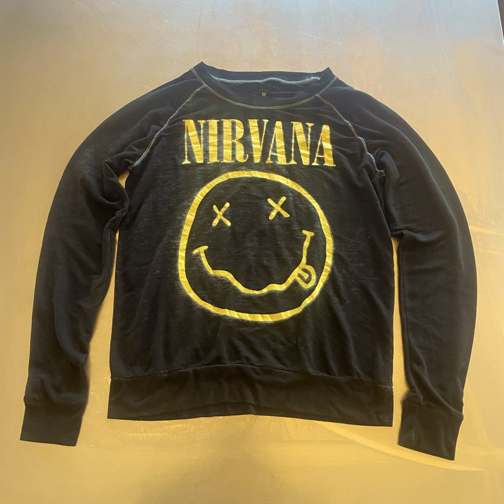 Nirvana Crooked Smile Sheer Long Sleeve Crew Neck Band Tee T Shirt Unisex Medium
